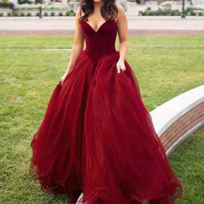 V Neck Velvet and Tulle Long Ball Gown Corset Formal Evening Prom Dresses bmbridal
