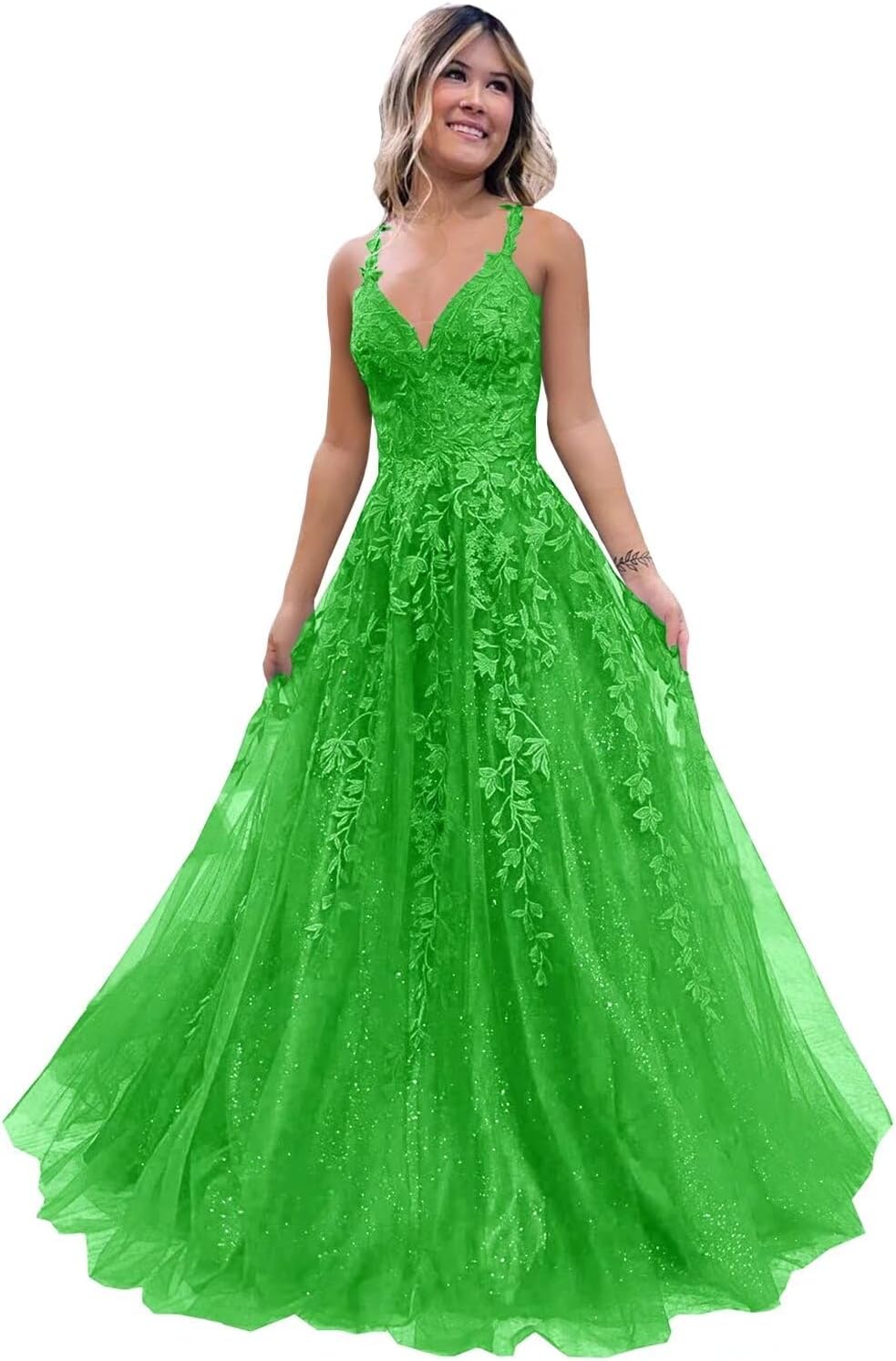 Tulle Lace Appliques Sparkly Prom Dresses A Line with Slit V Neck Formal Party Dress bmbridal