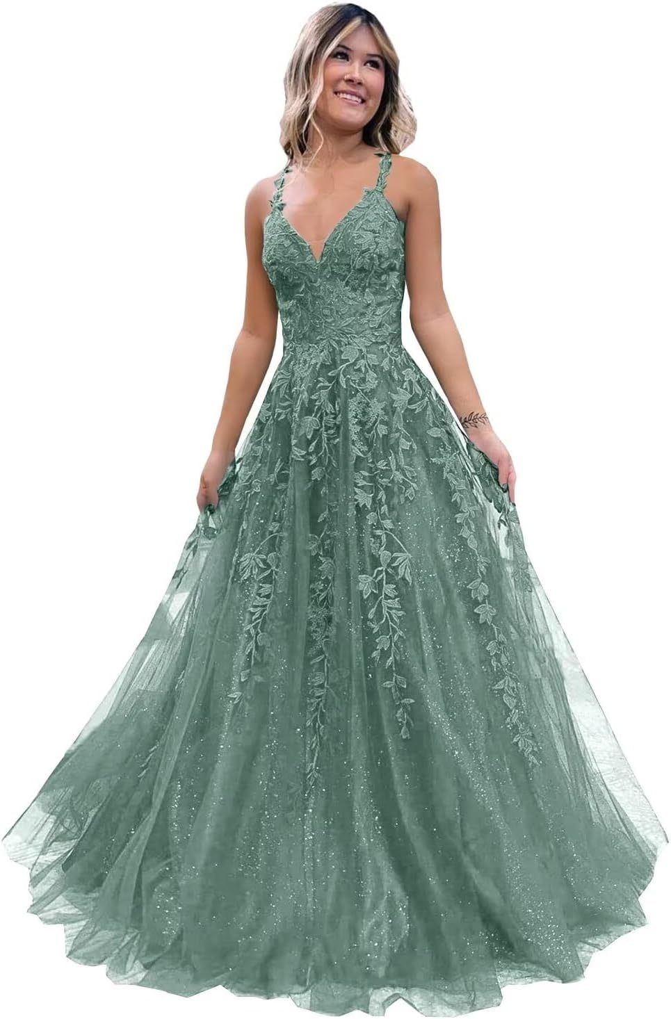 Tulle Lace Appliques Sparkly Prom Dresses A Line with Slit V Neck Formal Party Dress bmbridal