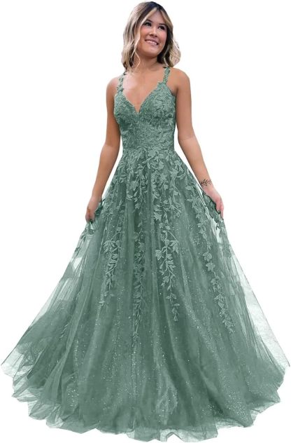 Tulle Lace Appliques Sparkly Prom Dresses A Line with Slit V Neck Formal Party Dress bmbridal