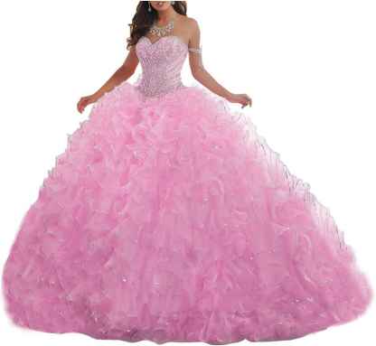 Women's Organza Ruffles Quinceanera Beaded Sweetheart Prom Ball Gown bmbridal