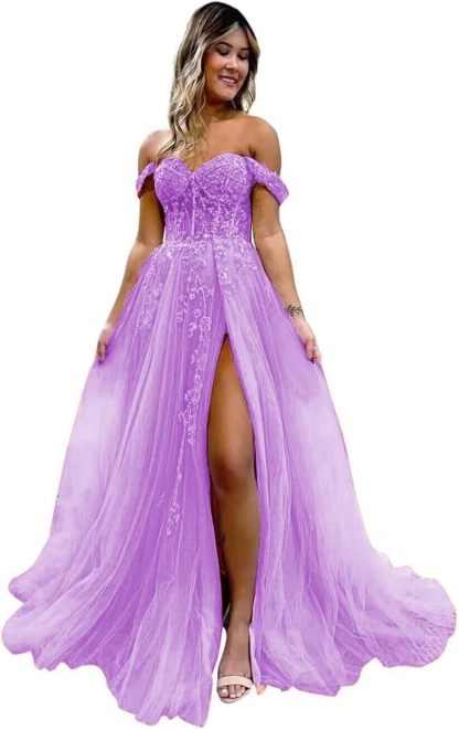 Off The Shoulder Tulle Prom Dresses with Slit Laces Applique Sweetheart Long Formal Evening Party Gowns bmbridal