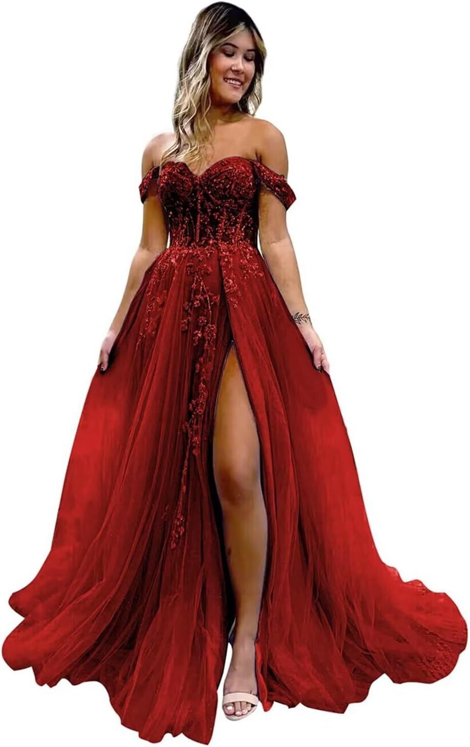 Off The Shoulder Tulle Prom Dresses with Slit Laces Applique Sweetheart Long Formal Evening Party Gowns bmbridal