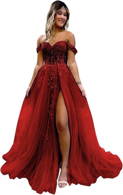 Off The Shoulder Tulle Prom Dresses with Slit Laces Applique Sweetheart Long Formal Evening Party Gowns bmbridal