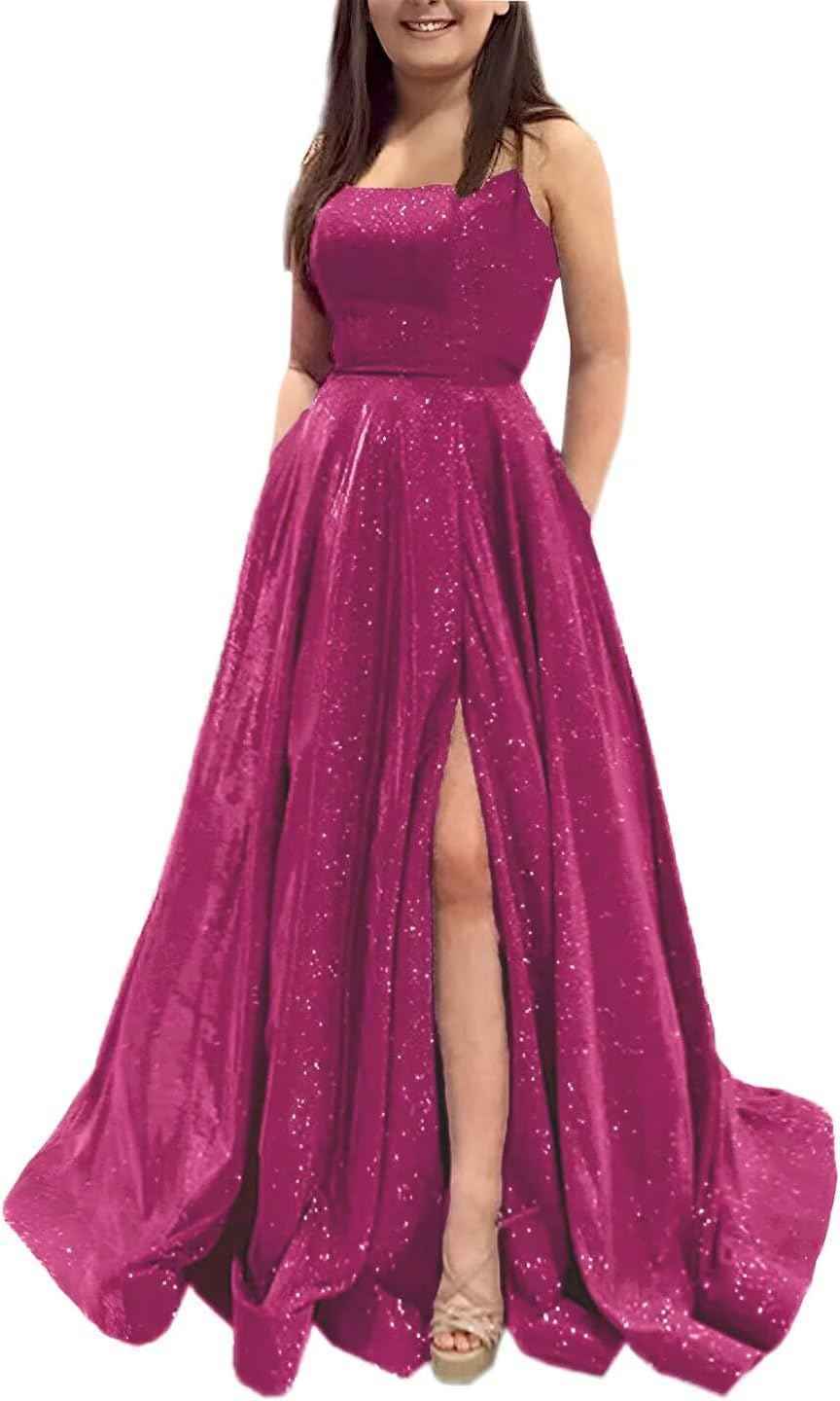 Prom Dresses Long A Line with Pockets Formal Evening Ball Gowns Side Slit Glitter Party Dress bmbridal