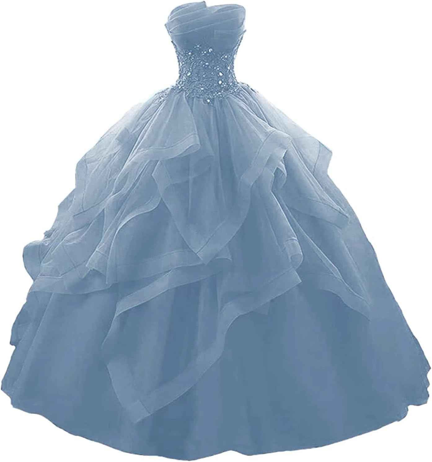 Prom Dress Long Ruffles Ball Gown Quinceanera Dresses Strapless Lace Tulle Beaded Princess Evening Dress-BMbridal