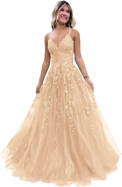 Tulle Lace Appliques Sparkly Prom Dresses A Line with Slit V Neck Formal Party Dress bmbridal