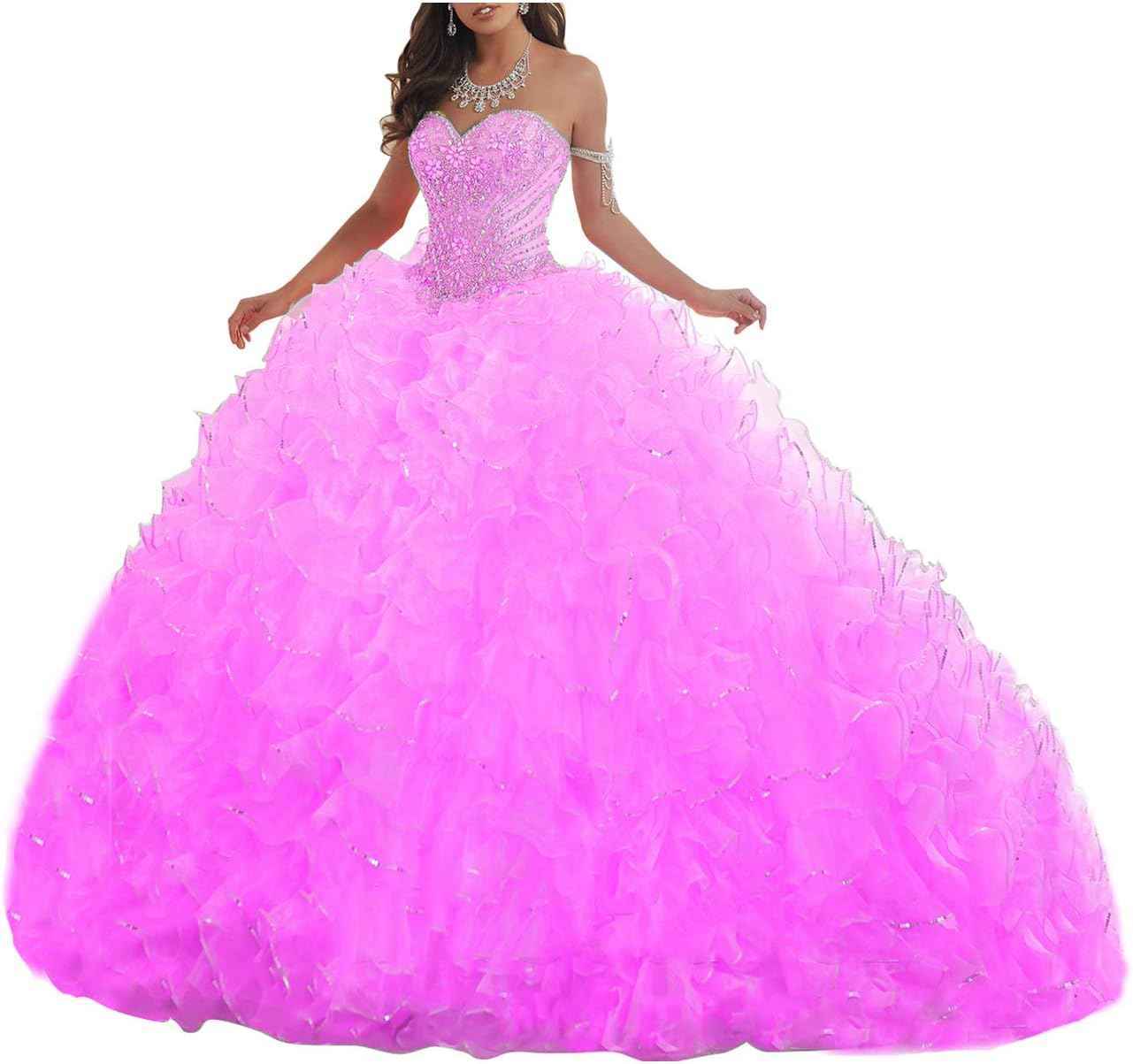 Women's Organza Ruffles Quinceanera Beaded Sweetheart Prom Ball Gown bmbridal