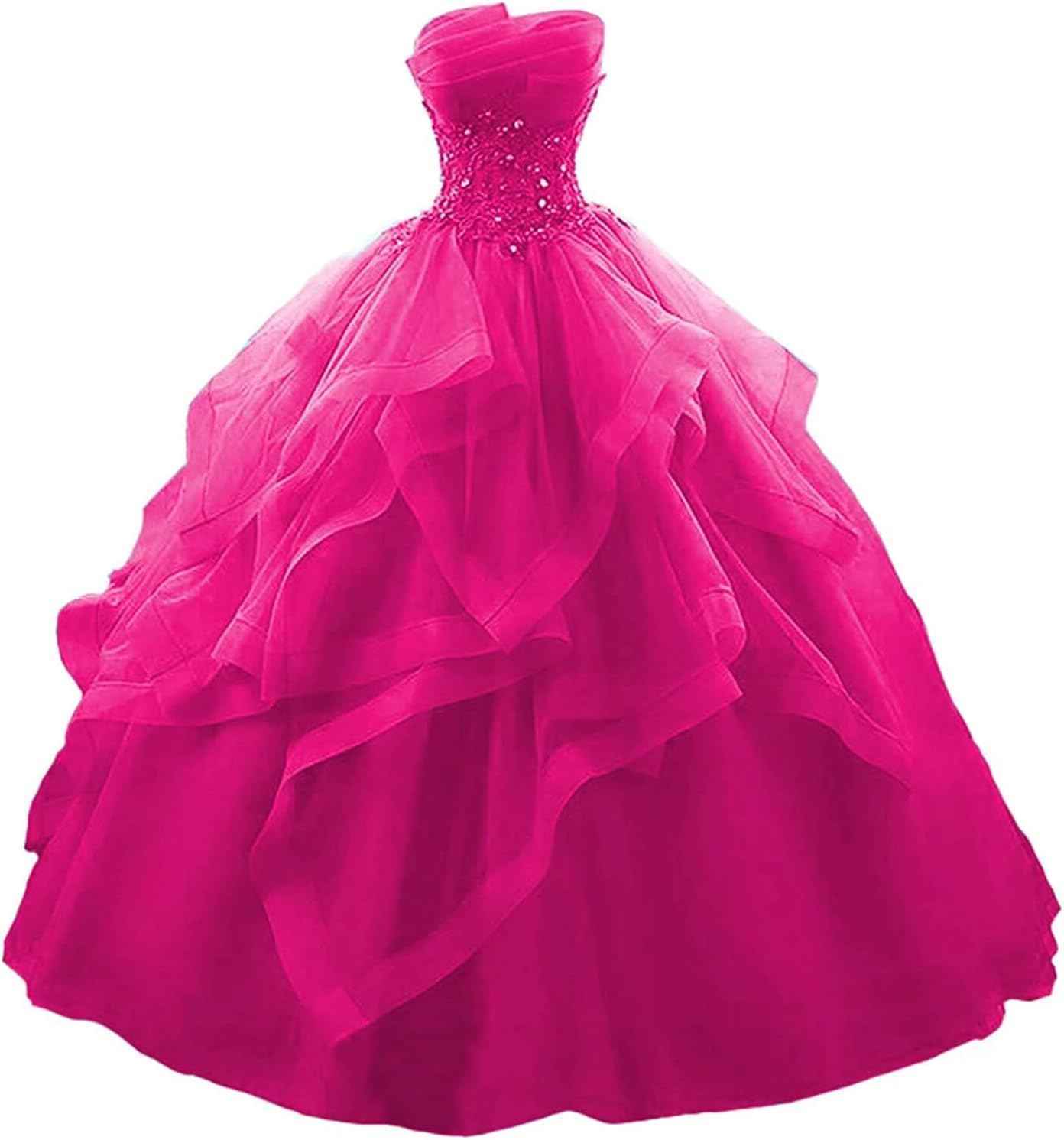 Prom Dress Long Ruffles Ball Gown Quinceanera Dresses Strapless Lace Tulle Beaded Princess Evening Dress bmbridal