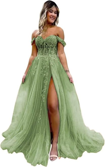 Off The Shoulder Tulle Prom Dresses with Slit Laces Applique Sweetheart Long Formal Evening Party Gowns bmbridal