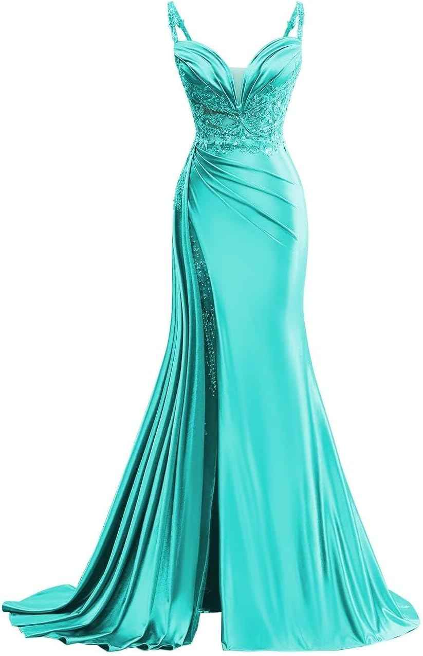 V Neck Satin Prom Dresses Long Mermaid Lace Evening Gown with Slit Pleated Bodycon Formal Dress with Tail bmbridal
