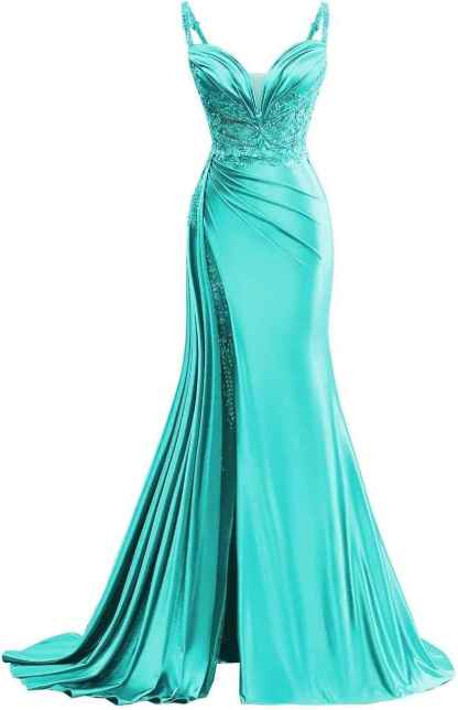 V Neck Satin Prom Dresses Long Mermaid Lace Evening Gown with Slit Pleated Bodycon Formal Dress with Tail bmbridal