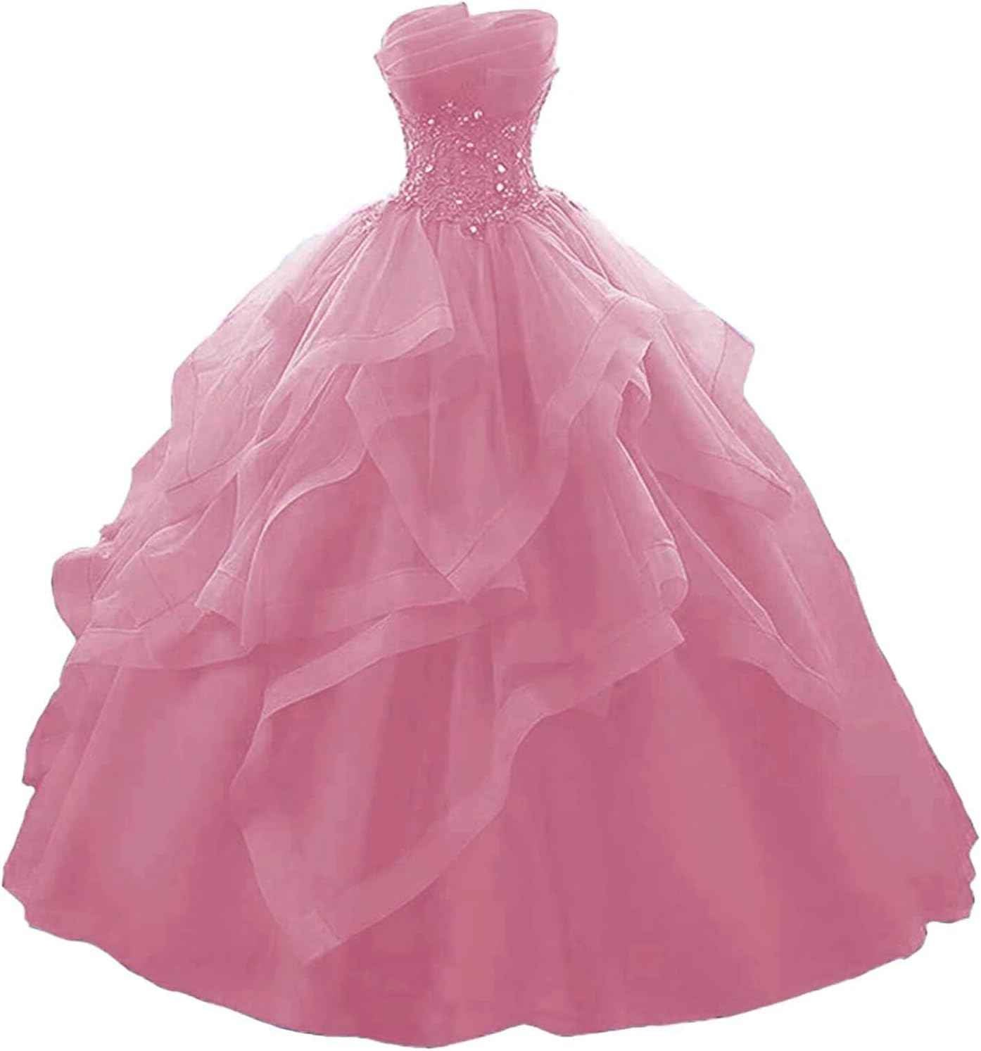 Prom Dress Long Ruffles Ball Gown Quinceanera Dresses Strapless Lace Tulle Beaded Princess Evening Dress bmbridal