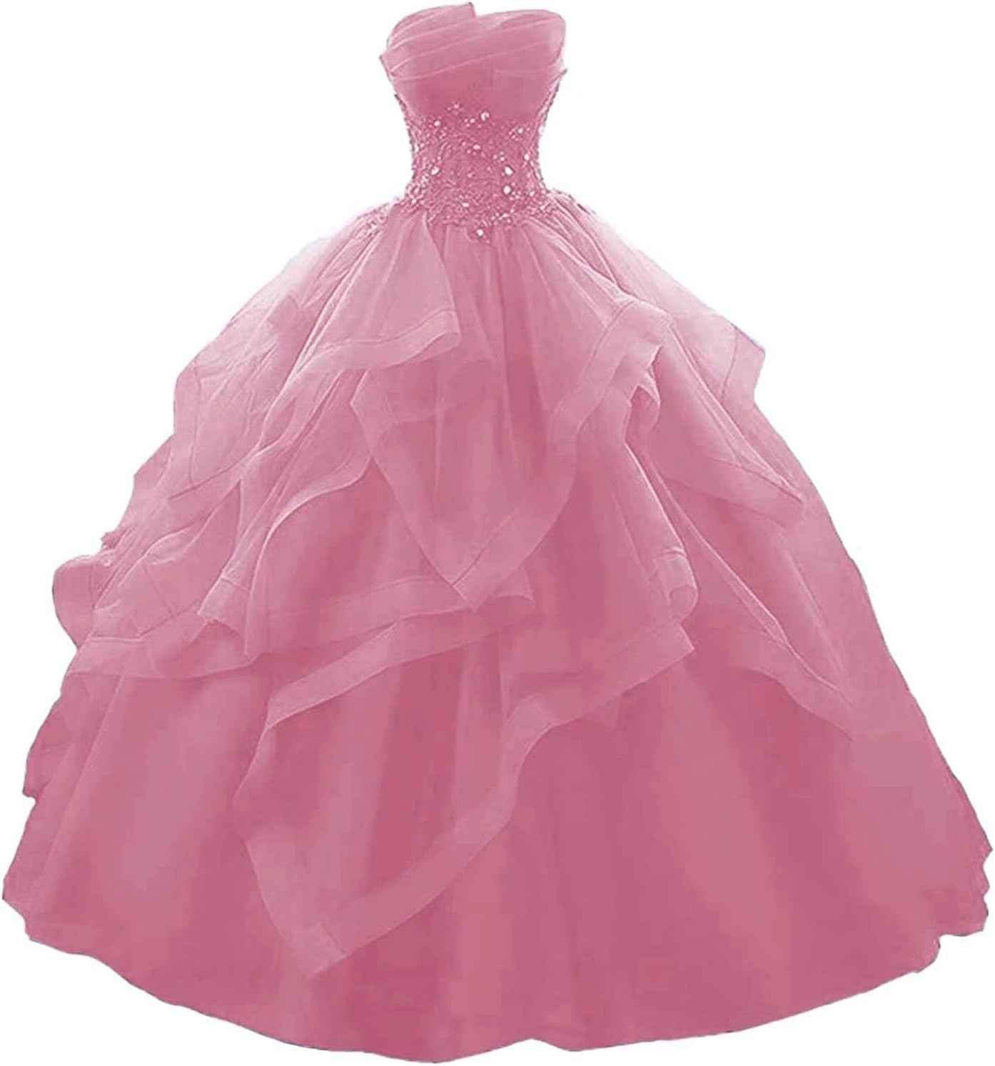 Prom Dress Long Ruffles Ball Gown Quinceanera Dresses Strapless Lace Tulle Beaded Princess Evening Dress bmbridal