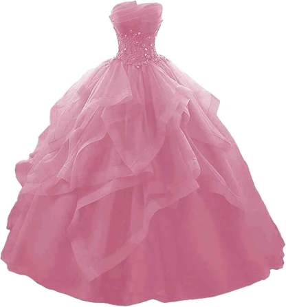 Prom Dress Long Ruffles Ball Gown Quinceanera Dresses Strapless Lace Tulle Beaded Princess Evening Dress bmbridal