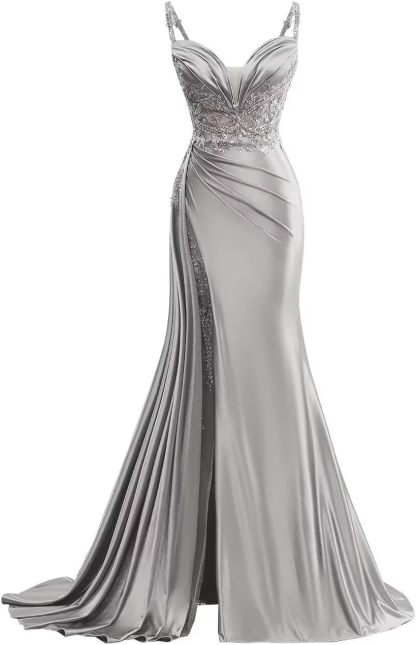 V Neck Satin Prom Dresses Long Mermaid Lace Evening Gown with Slit Pleated Bodycon Formal Dress with Tail bmbridal
