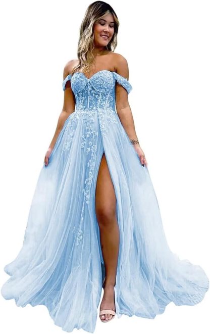 Off The Shoulder Tulle Prom Dresses with Slit Laces Applique Sweetheart Long Formal Evening Party Gowns bmbridal