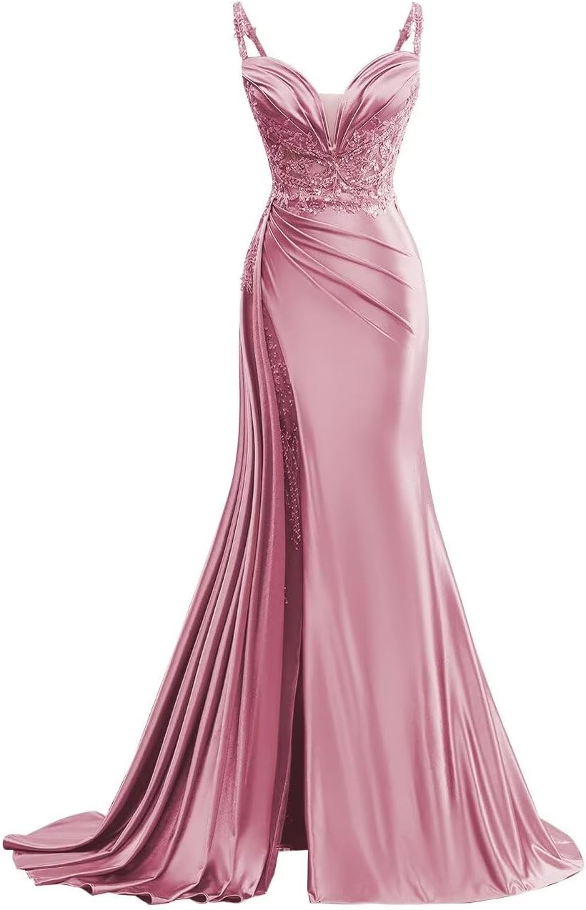 V Neck Satin Prom Dresses Long Mermaid Lace Evening Gown with Slit Pleated Bodycon Formal Dress with Tail bmbridal