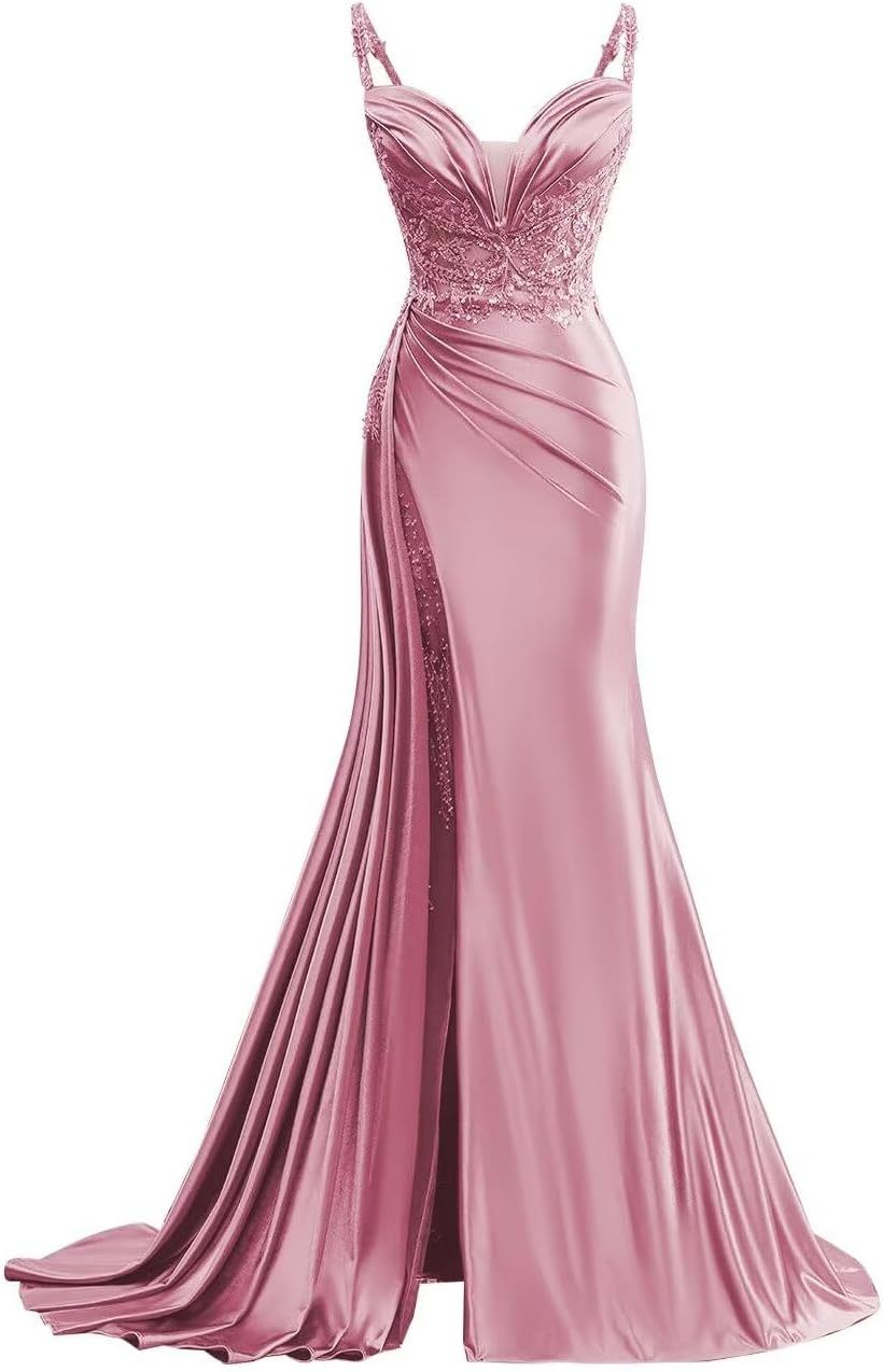 V Neck Satin Prom Dresses Long Mermaid Lace Evening Gown with Slit Pleated Bodycon Formal Dress with Tail bmbridal