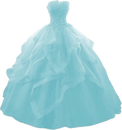 Prom Dress Long Ruffles Ball Gown Quinceanera Dresses Strapless Lace Tulle Beaded Princess Evening Dress bmbridal