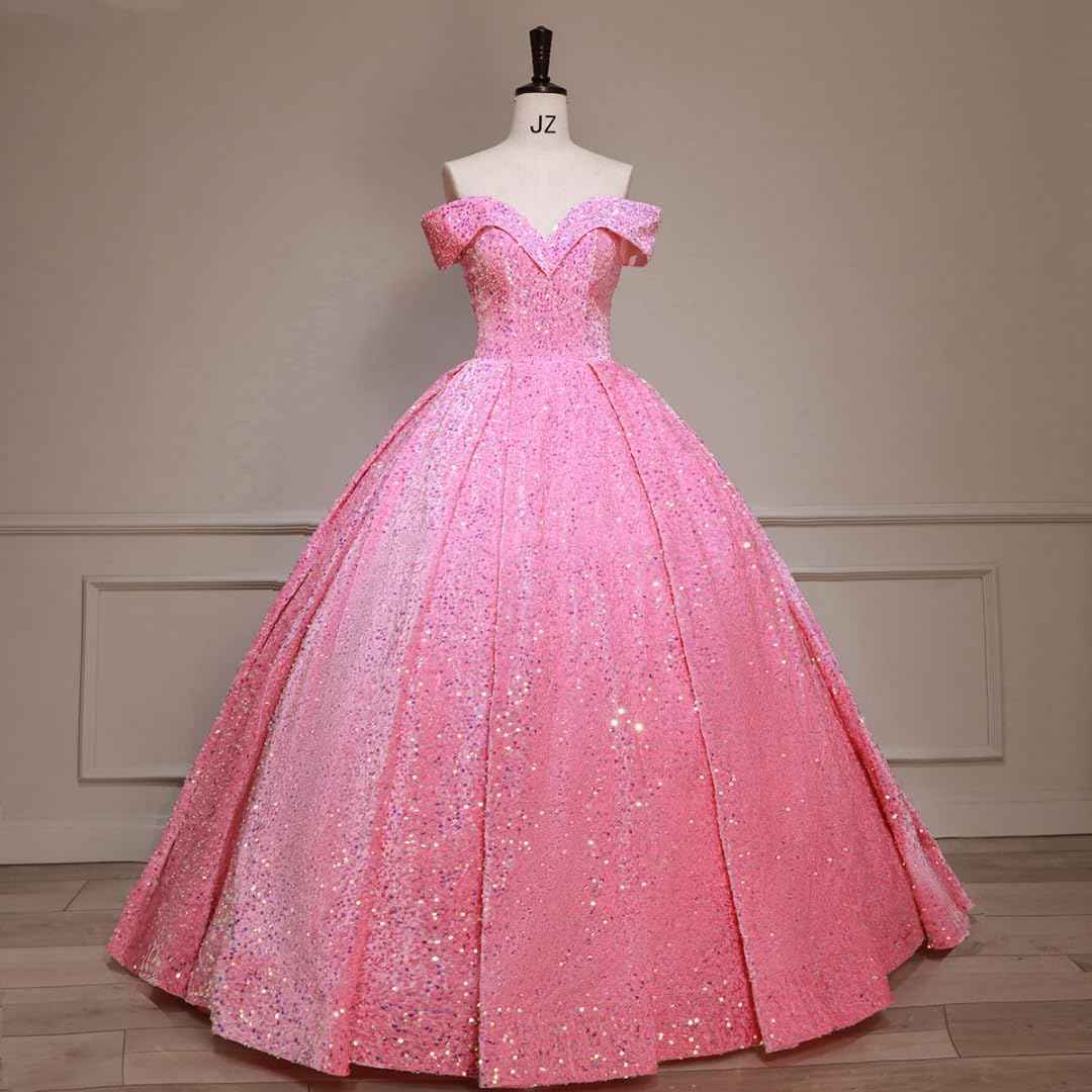 Sparkly Sequin Prom Dresses Long Ball Gown Off Shoulder Quinceanera Dresses Puffy Glitter Evening Party Dresses bmbridal