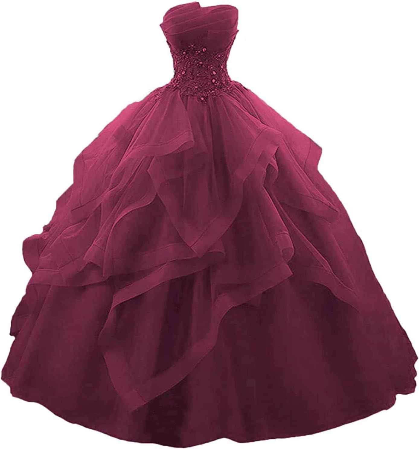 Prom Dress Long Ruffles Ball Gown Quinceanera Dresses Strapless Lace Tulle Beaded Princess Evening Dress bmbridal
