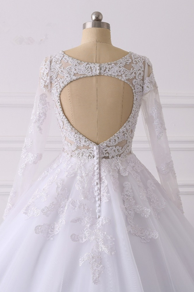 BMbridal Elegant V-Neck Long Sleeves Wedding Dress White Tulle Lace Appliques Bridal Gowns On Sale