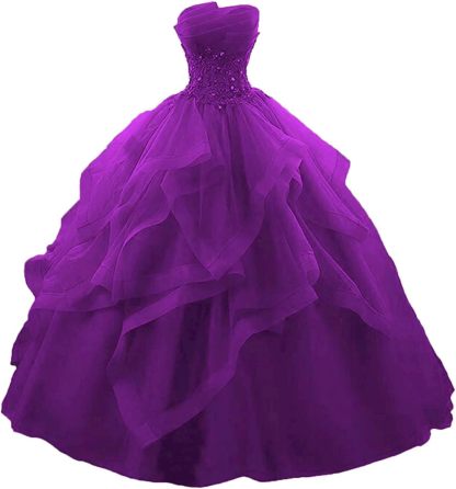 Prom Dress Long Ruffles Ball Gown Quinceanera Dresses Strapless Lace Tulle Beaded Princess Evening Dress bmbridal