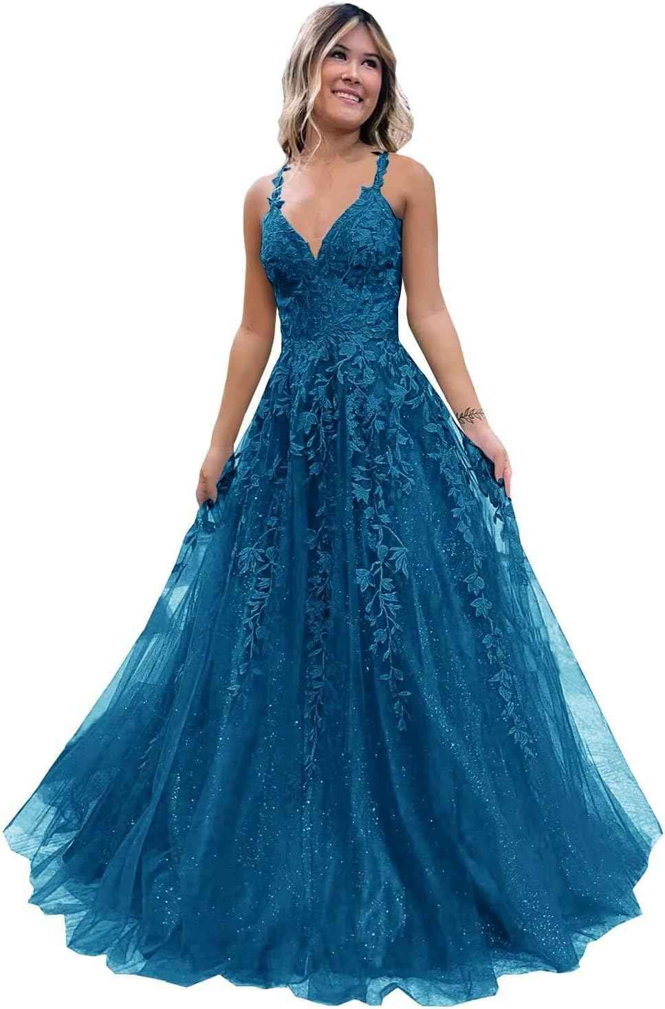 Tulle Lace Appliques Sparkly Prom Dresses A Line with Slit V Neck Formal Party Dress bmbridal