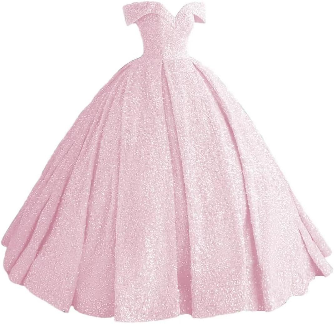Sparkly Sequin Prom Dresses Long Ball Gown Off Shoulder Quinceanera Dresses Puffy Glitter Evening Party Dresses bmbridal