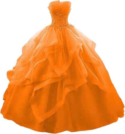 Prom Dress Long Ruffles Ball Gown Quinceanera Dresses Strapless Lace Tulle Beaded Princess Evening Dress bmbridal