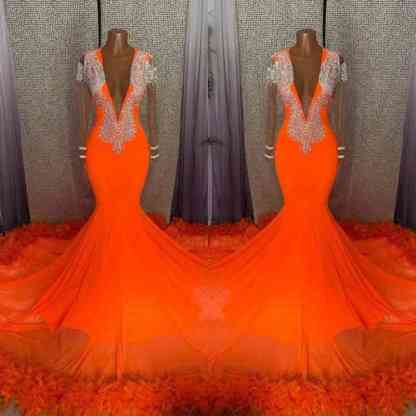Bmbridal Orange Deep V-Neck Prom Dress Long Sleeves Mermaid With Feather