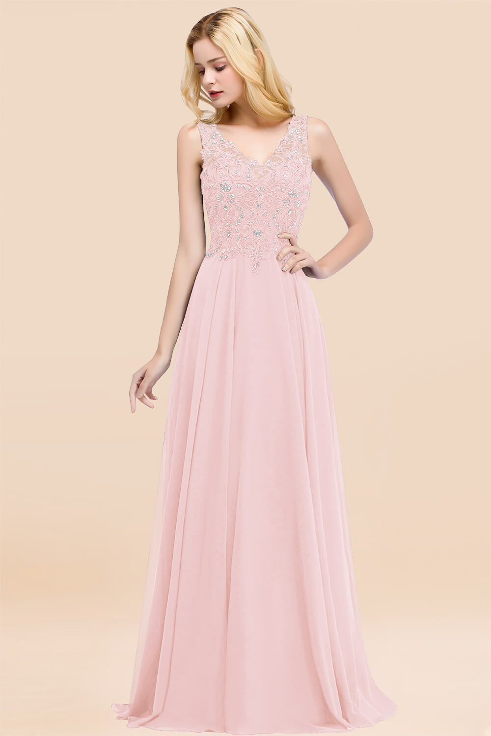 BMbridal Affordable Lace V-Neck Navy Bridesmaid Dresses With Appliques-BMbridal