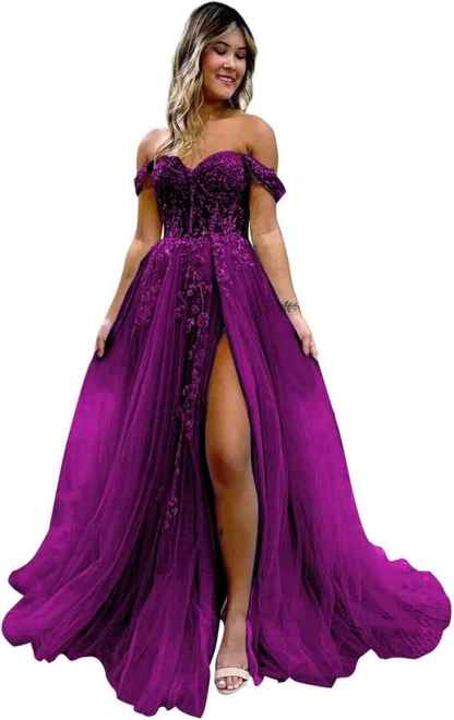 Off The Shoulder Tulle Prom Dresses with Slit Laces Applique Sweetheart Long Formal Evening Party Gowns bmbridal