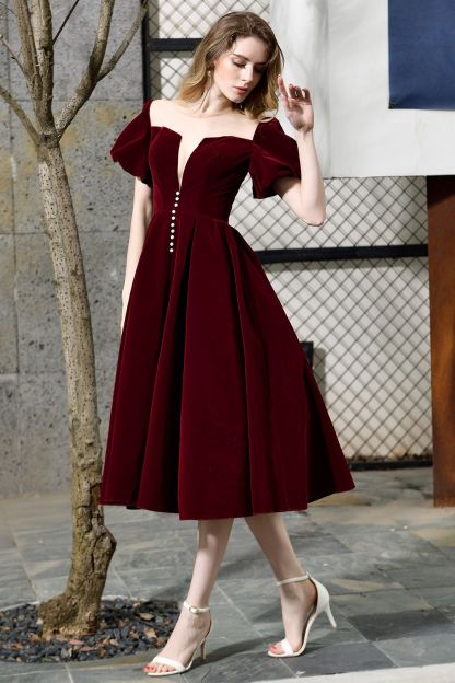 BMbridal Vintage Bugrundy Short Sleeve Prom Dress Tea-Length Party Gowns With Lace-up