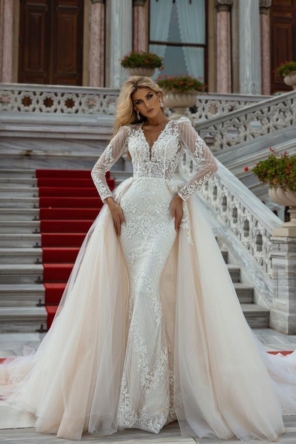 Bmbridal Long Sleeves Champagne Wedding Dress Lace Mermaid Overskirt-BMbridal