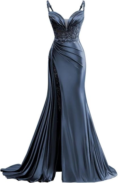 V Neck Satin Prom Dresses Long Mermaid Lace Evening Gown with Slit Pleated Bodycon Formal Dress with Tail bmbridal