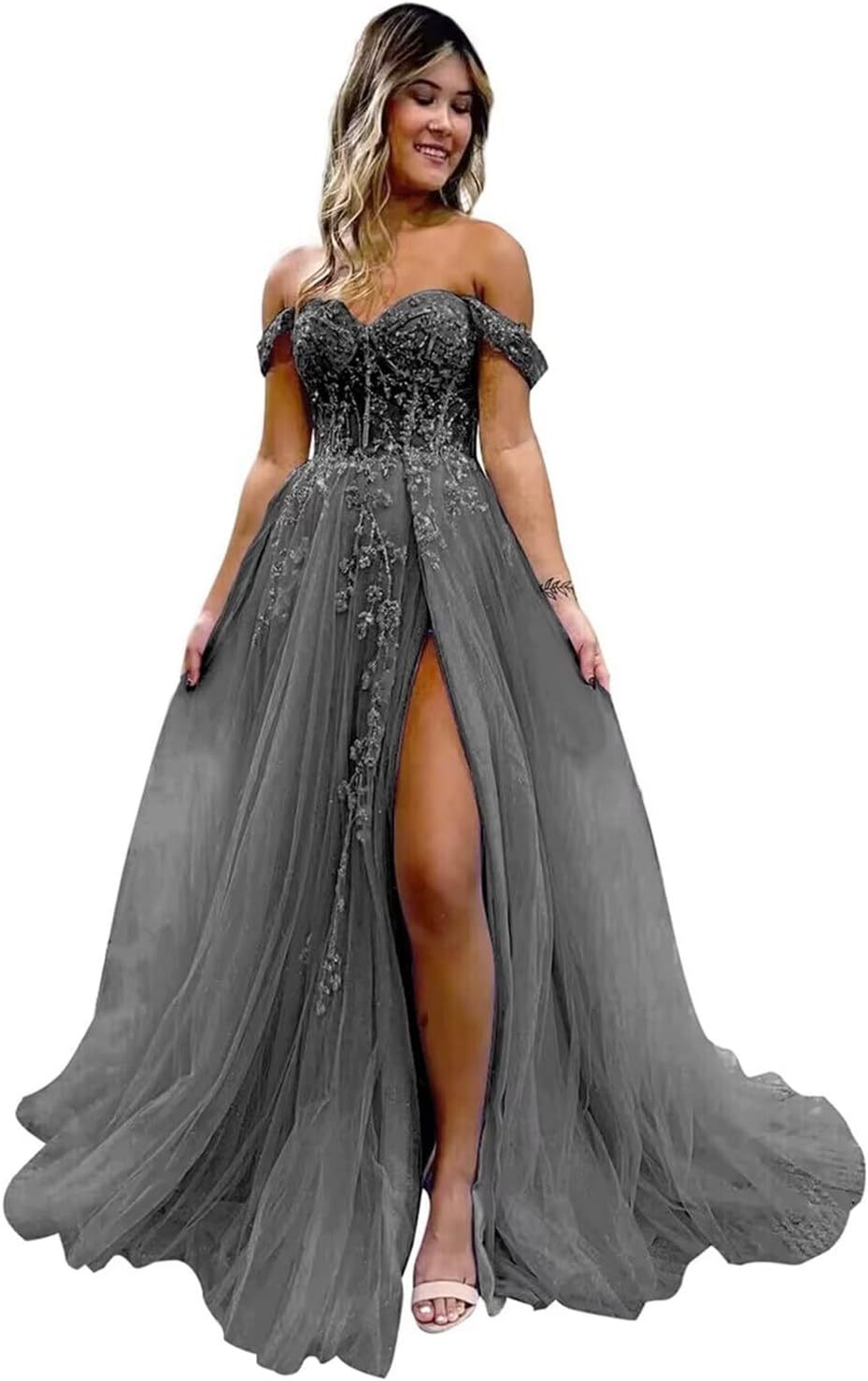 Off The Shoulder Tulle Prom Dresses with Slit Laces Applique Sweetheart Long Formal Evening Party Gowns bmbridal