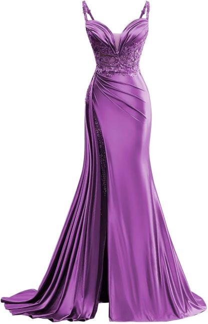 V Neck Satin Prom Dresses Long Mermaid Lace Evening Gown with Slit Pleated Bodycon Formal Dress with Tail bmbridal