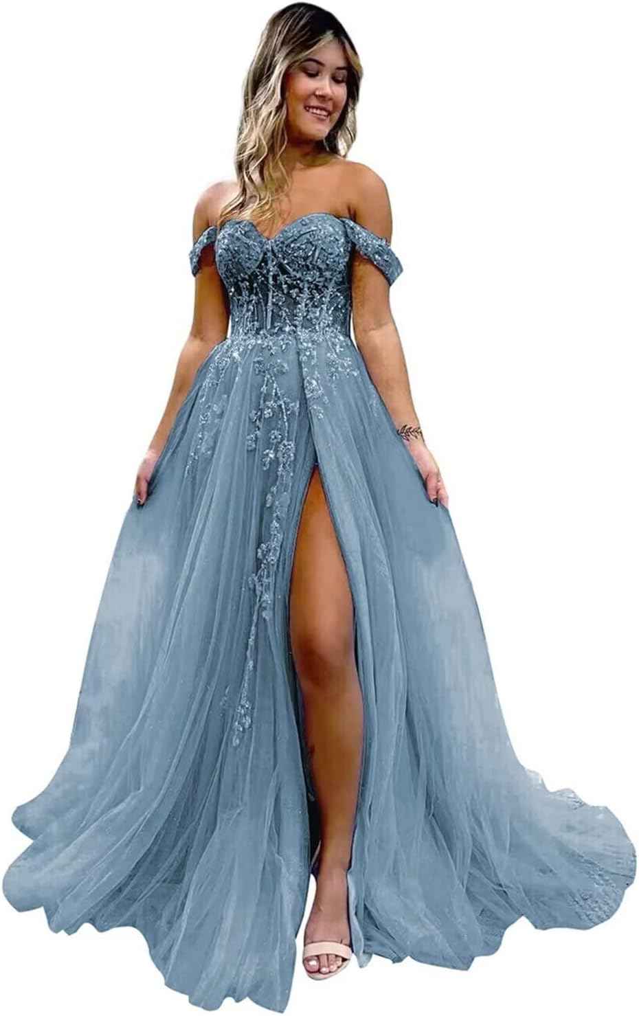 Off The Shoulder Tulle Prom Dresses with Slit Laces Applique Sweetheart Long Formal Evening Party Gowns-BMbridal