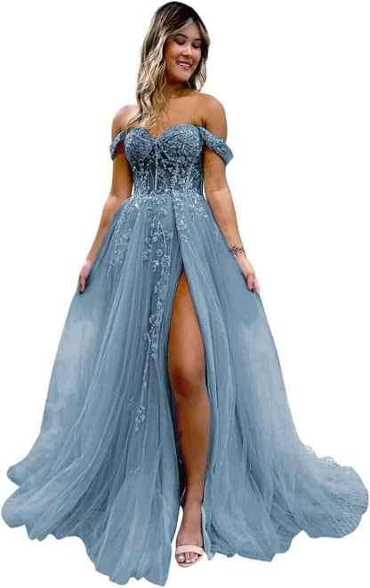 Off The Shoulder Tulle Prom Dresses with Slit Laces Applique Sweetheart Long Formal Evening Party Gowns bmbridal