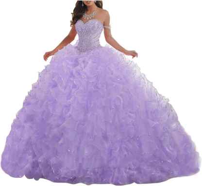 Women's Organza Ruffles Quinceanera Beaded Sweetheart Prom Ball Gown bmbridal