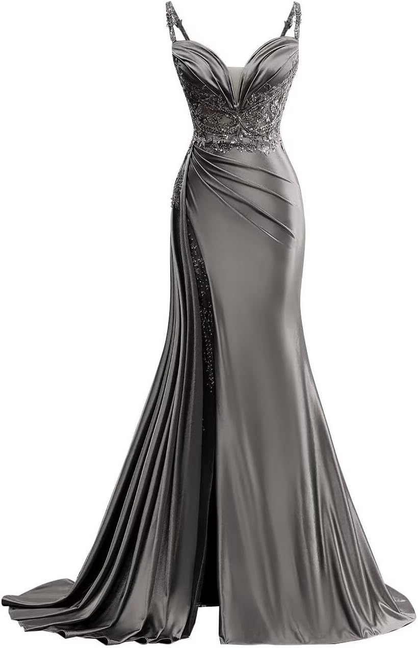 V Neck Satin Prom Dresses Long Mermaid Lace Evening Gown with Slit Pleated Bodycon Formal Dress with Tail bmbridal