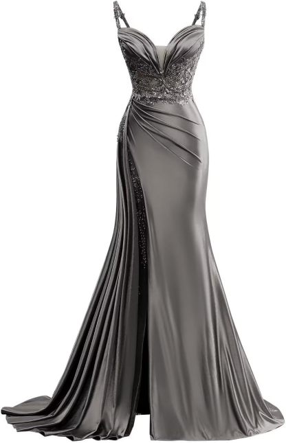 V Neck Satin Prom Dresses Long Mermaid Lace Evening Gown with Slit Pleated Bodycon Formal Dress with Tail bmbridal