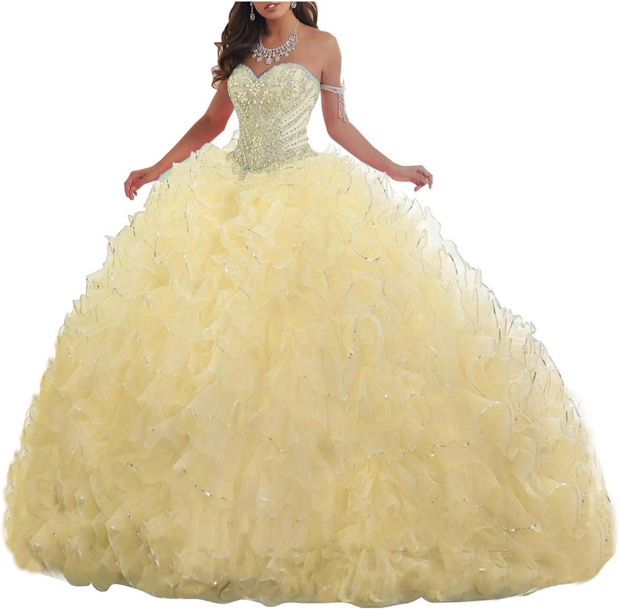 Women's Organza Ruffles Quinceanera Beaded Sweetheart Prom Ball Gown bmbridal
