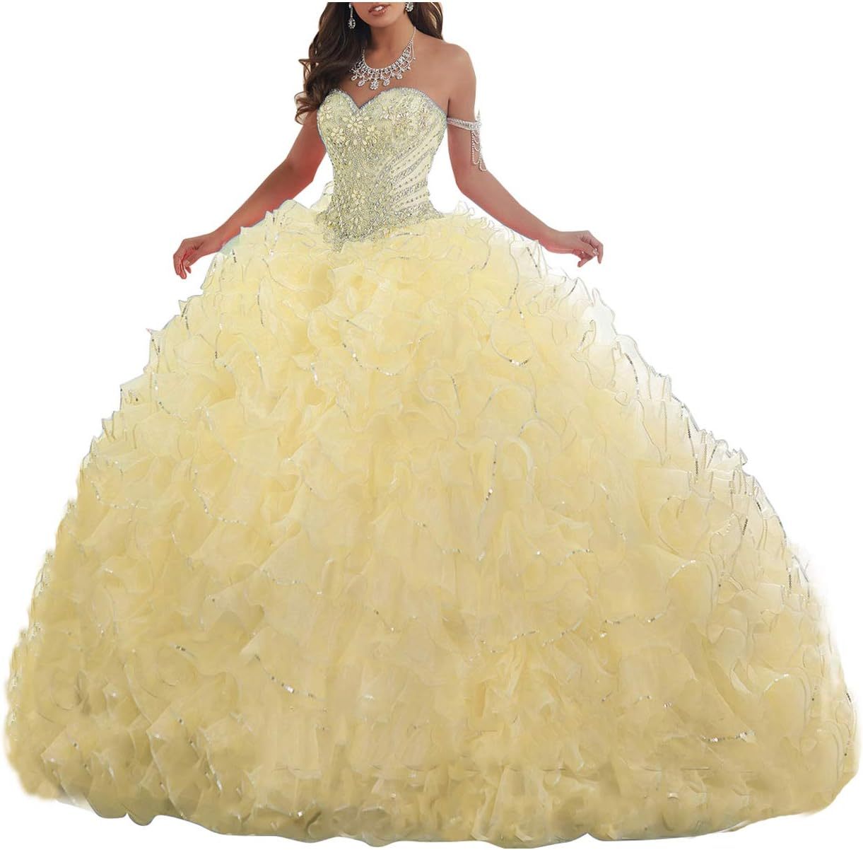 Women's Organza Ruffles Quinceanera Beaded Sweetheart Prom Ball Gown bmbridal