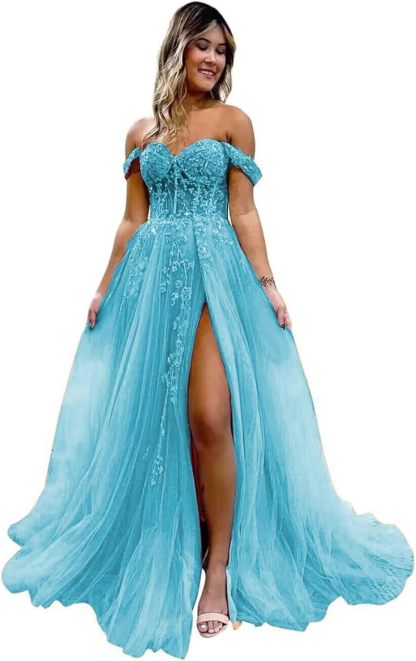 Off The Shoulder Tulle Prom Dresses with Slit Laces Applique Sweetheart Long Formal Evening Party Gowns bmbridal