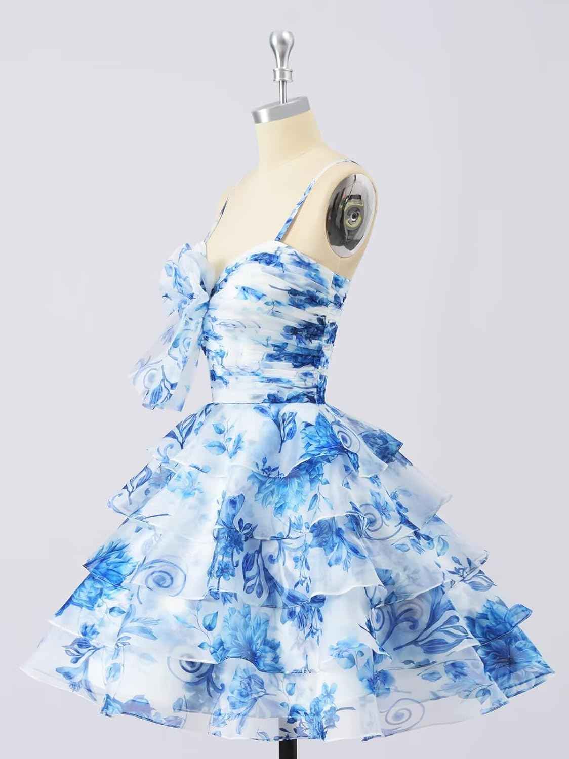 Tiered Ruffles Short Homecoming Dresses with Bow Corset Floral Print Mini Cocktail Party Gown-BMbridal