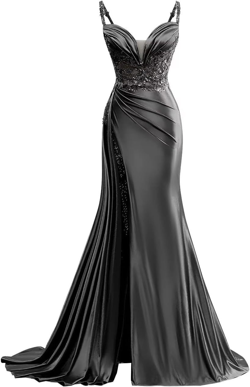V Neck Satin Prom Dresses Long Mermaid Lace Evening Gown with Slit Pleated Bodycon Formal Dress with Tail bmbridal