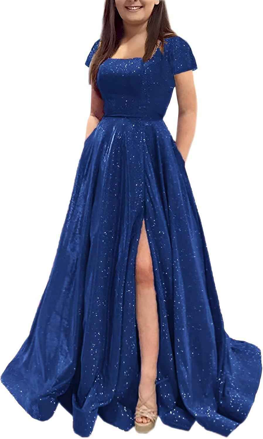 Prom Dresses Long A Line with Pockets Formal Evening Ball Gowns Side Slit Glitter Party Dress bmbridal